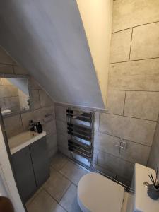 La petite salle de bains est pourvue de toilettes et d'un lavabo. dans l'établissement Spacious serviced home with free parking & Wi-Fi, à Willenhall