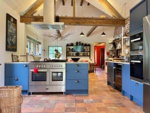 a large kitchen with blue cabinets and a stove at Moat Farm House in Ash