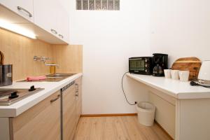 a kitchen with a sink and a counter top at Schickes Boutique-Apartment, zentral in Messe-& Bahnhofsnähe, sehr ruhig & gratis Parkplatz - HappyStay in Klagenfurt