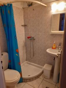 a bathroom with a shower and a toilet and a sink at Hellenic Sun in Lassi +49 photos