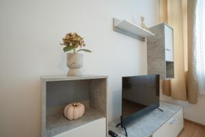 un salon avec une télévision et une citrouille sur une étagère dans l'établissement Apartment in the central area. 5 minute's walk to the Danube., à Vienne