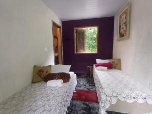 2 camas en una habitación con paredes moradas en Suítes Caminho das Rosas Experiência na Montanha en Guapimirim