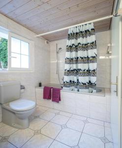 Haus Wick في Klosters Serneus: حمام مع مرحاض وستارة دش