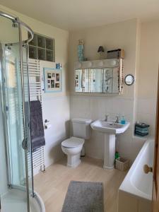 a bathroom with a toilet and a sink and a shower at Magical, Stylish, Comfortable, Brilliant Location in Kent