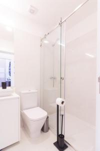 La salle de bains blanche est pourvue d'une douche et de toilettes. dans l'établissement Oporto Near Deluxe, à Porto