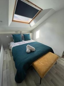 a bedroom with a large bed with a skylight at Résidence Tamaris Soline in Lanvallay