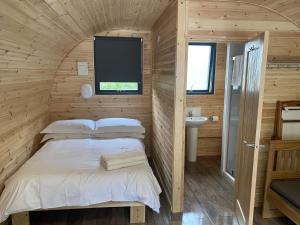 ein Schlafzimmer mit einem Bett und einem TV in einem Zimmer in der Unterkunft Foxglove Pod 6 Pet Free in Neath