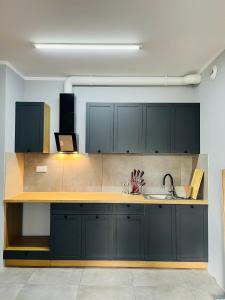 una cocina con armarios negros y fregadero en comfy guest Apartment, en Varsovia