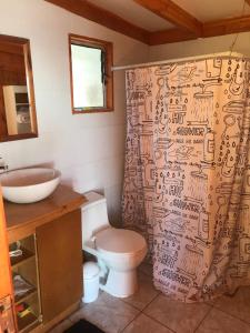 a bathroom with a toilet and a sink and a shower curtain at Cabaña Rustica en lagunillas con vista al mar in Navidad