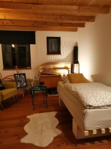 um quarto com uma cama, um sofá e uma mesa em Atelier & Gardenhouse Glamping em Munique