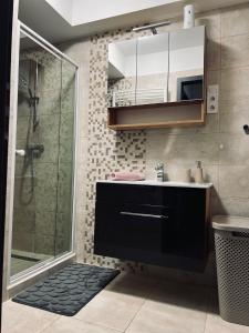 a bathroom with a shower and a sink and a glass shower at SunSuite Szeged in Szeged