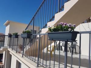 een balkon met drie potplanten op een reling bij Appartement Azur in Balaruc-les-Bains