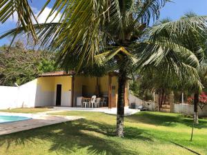 a palm tree in a yard next to a house at Casa de 4 quartos á 6Km da praia de Lagoinha-ce in Camboa