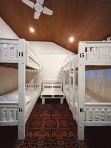 a room with three bunk beds and a ceiling at Bunk house Fort Kochi in Cochin