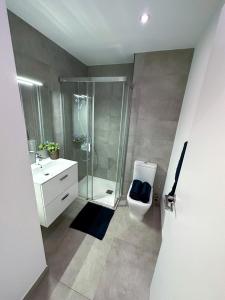 a bathroom with a shower and a toilet and a sink at Brand New Top Floor Studio - The Hub Gibraltar - Self Catering in Gibraltar