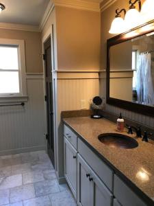a bathroom with a sink and a mirror at Farmhouse in a Peaceful Paradise with Huge Hot tub in Gainesville