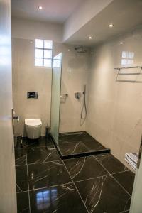 a bathroom with a glass shower and a toilet at HOTEL ALEXANDER in Mitika