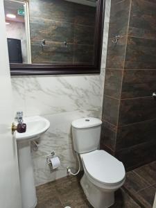 a bathroom with a toilet and a sink and a mirror at VILLAS DEL PALMAR APTO 406 in Santa Marta
