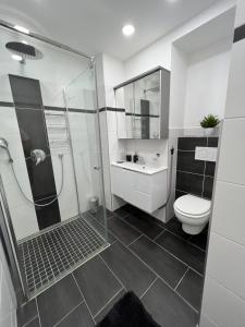 La salle de bains blanche est pourvue d'une douche et de toilettes. dans l'établissement Monterey Apartment Vienna, à Vienne