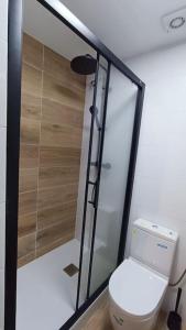 a bathroom with a toilet and a glass shower at BOUTIQUE 1 Apartment AVE Centro Lleida in Lleida