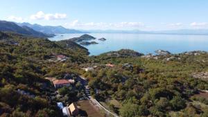 een luchtzicht op een meer met huizen en bomen bij Skadar Lake House in Bar +6 foto's