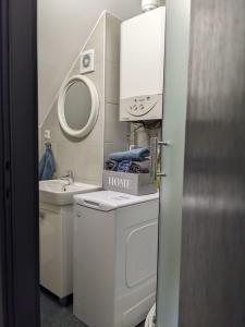 a bathroom with a washing machine and a sink at Apartman Mia in Slavonski Brod