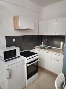 een witte keuken met een fornuis en een wastafel bij Apartman Mia in Slavonski Brod