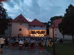 a large group of people sitting at an event in front of a building at LakePark Apartman in Bekecs