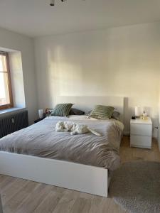 勒瓦德的住宿－Le Hohwald centre appartement 2 pièces # 102，一张白色的床,上面放着一只狗