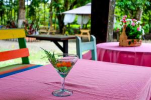 ein Glas Wein mit Blumen auf dem Tisch in der Unterkunft Tuku, in Guarinocito