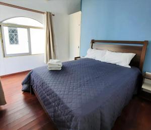 a bedroom with a bed with a blue wall and a window at Villa Rose in Pereybere