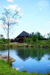 un piccolo albero accanto a un lago con un edificio di Fanlin House a Jialin