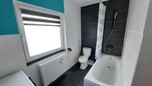 a bathroom with a toilet and a window and a sink at Hedys Apartment in Spiegelsberg