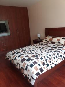 a bedroom with a large bed and a tv at Casa David in Riobamba