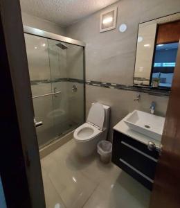 a bathroom with a toilet and a shower and a sink at Luxury 3-bedrooms near airport in San Juan in San Juan