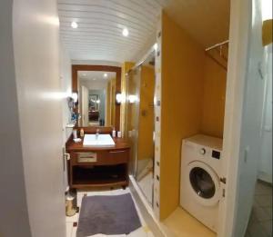 a bathroom with a sink and a washing machine at Grand studio de 41 m2 vue mer citerne in Le Gosier