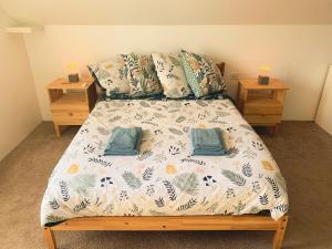 Ce lit se trouve dans un dortoir doté de 2 tables de chevet et de 2 tables. dans l'établissement Maisonnette du coteau ouest - Jardin et terrasse - Epernay, à Épernay