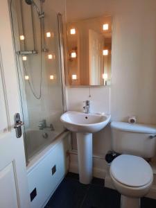 a bathroom with a sink and a toilet and a shower at Comfortable quiet room near Cambridge in Long Stanton
