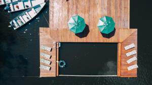 an aerial view of a boat with green umbrellas at Dolphin Lodge in Careiro