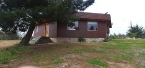 una pequeña casa con un árbol delante en Hermosa casa en parcela Algarrobo, en Algarrobo