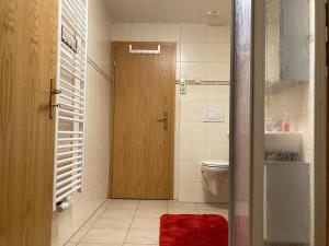 een badkamer met een toilet en een houten deur bij FEWO 4 Landeskrone Dresden EG in Dresden