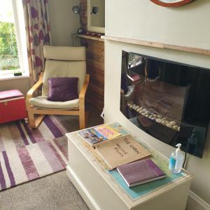 uma sala de estar com lareira e uma cadeira em The Cabin: Great Views,Garden,Close to Town, Quiet em Hebden Bridge