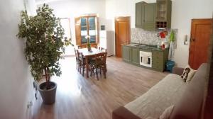 菲利內瓦爾達諾的住宿－Terrazza il canto al romano，客厅设有厨房和植物桌子