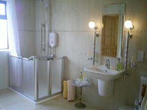 ein Bad mit einer Dusche und einem Waschbecken in der Unterkunft Derry House in Listowel