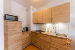 Kuchyňa alebo kuchynka v ubytovaní LABA Kołobrzeg Apartamenty BURSZTYNOWE z miejscami postojowymi