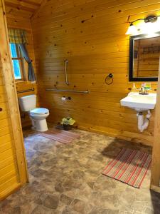een houten badkamer met een wastafel en een toilet bij Hominy Ridge Cabins and Gift Shop in Sigel