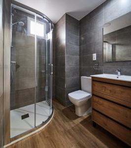 a bathroom with a shower and a toilet and a sink at A Estreliña in Sigüeiro