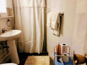 a bathroom with a shower curtain and a sink at Playa y Sol in Viña del Mar