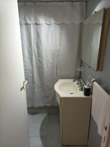 a bathroom with a sink and a shower curtain at Caballito deluxe Apart in Buenos Aires +2 photos