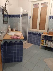 uma casa de banho em azulejos azuis com um lavatório e um chuveiro em Sweet Home em Oliena